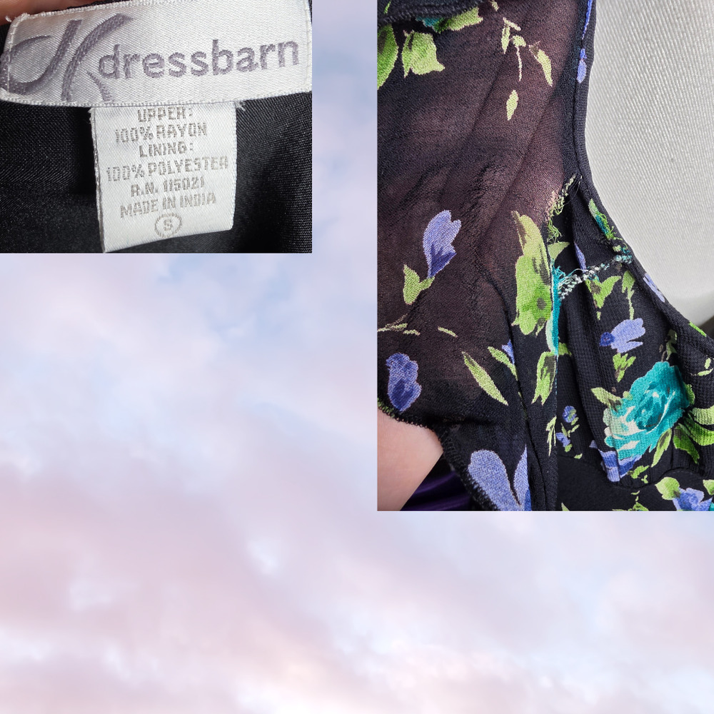 Vtg 90s Floral Ruffle Black Blue Green Formal Cocktail Rayon Asymmetric Dress S - Picture 9 of 9